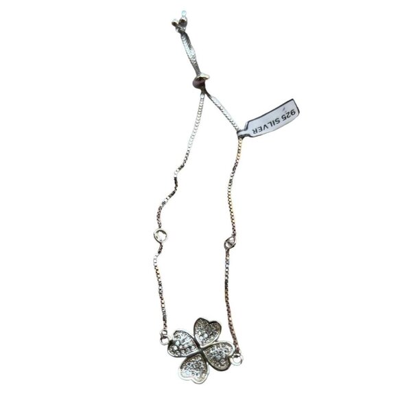 925 Sterling Silver Four Leaves Clover Studded Link Charm Adjustable Bracelet - Picture 3 of 5